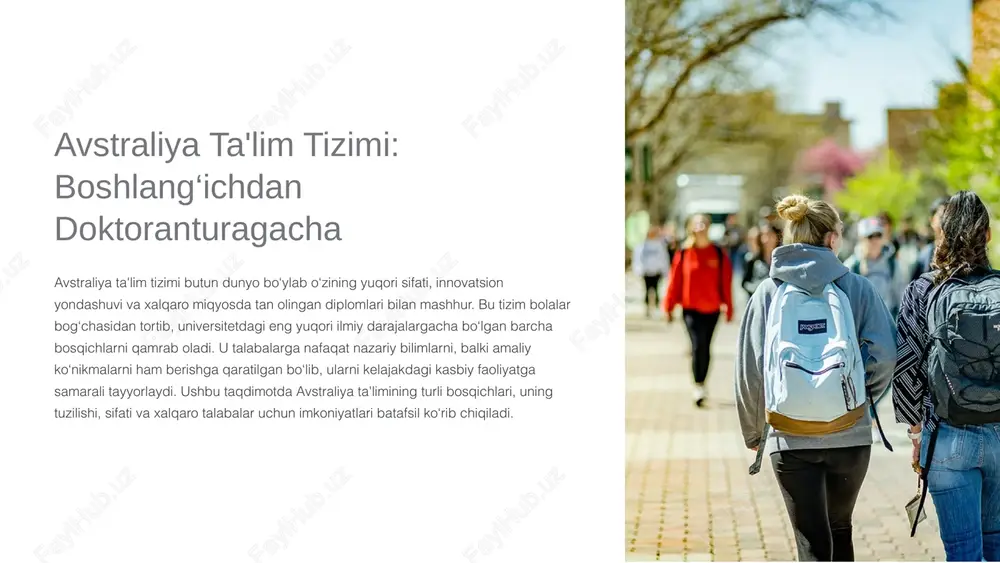 avstraliya ta'lim tizimi: boshlang‘ichdan doktoranturagacha — PPTX