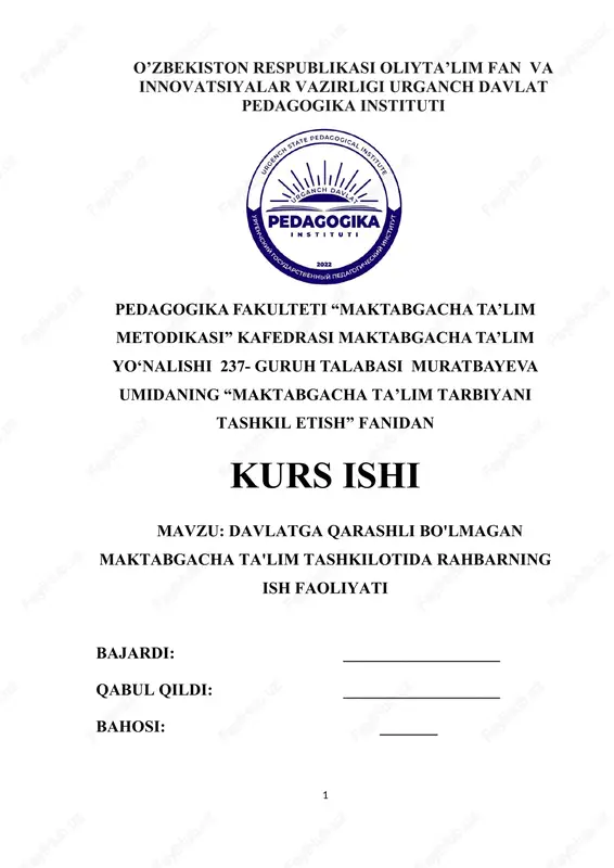 maktabgacha ta’lim tarbiyani tashkil etish kurs ishi — DOCX