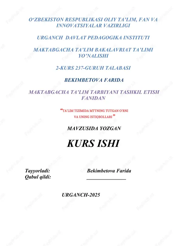 maktabgacha ta’lim tarbiyani tashkil etish fanidan — DOCX