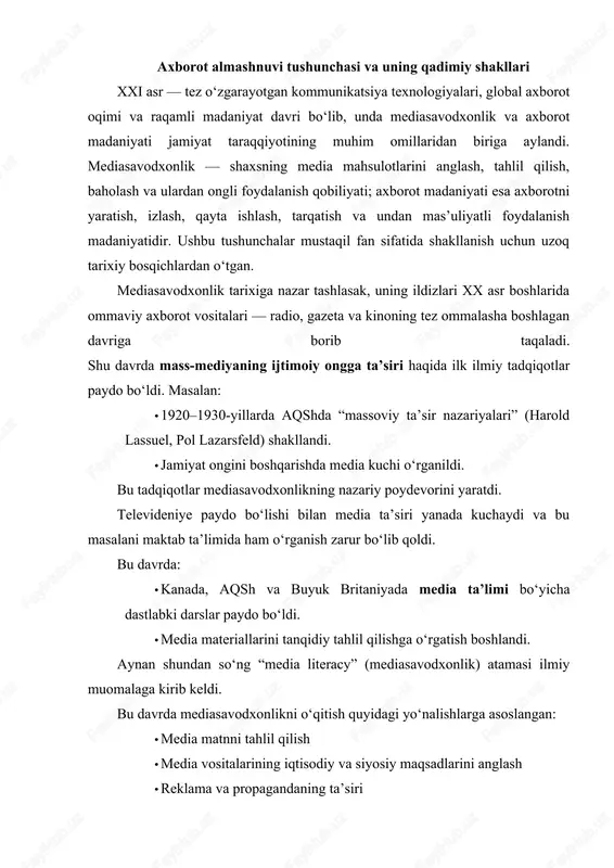 mediasavodxonlik tarixi — DOCX