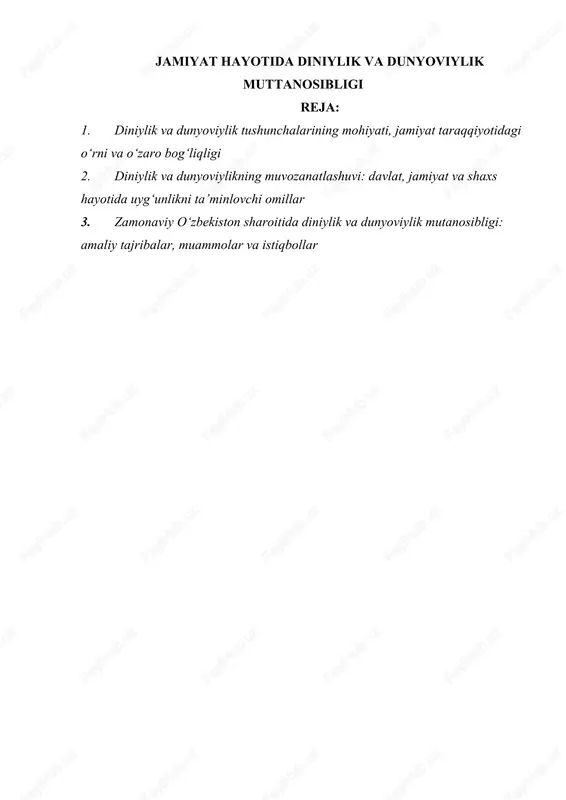 diniylik va dunyoviylik muttanosibligi — DOC
