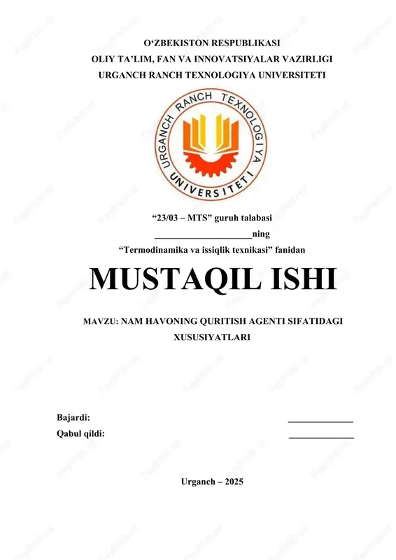 nam havoning quritish agenti sifatidagi xususiyatlari — DOCX