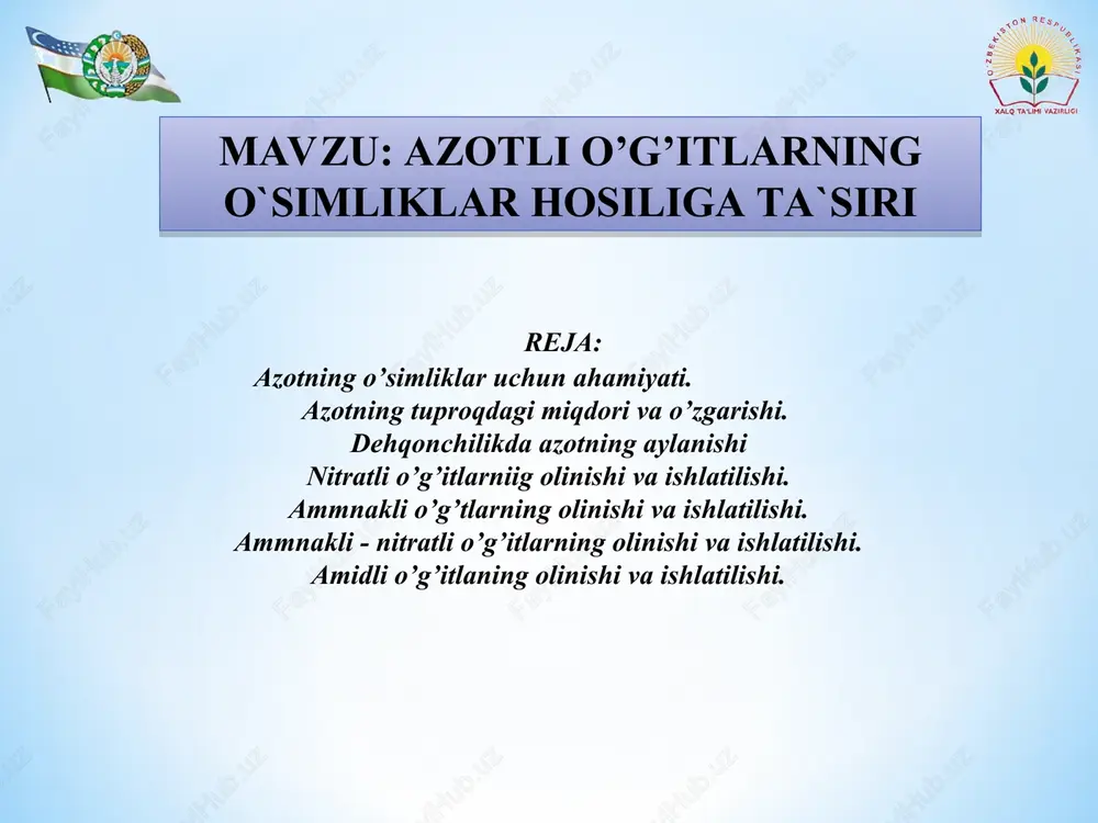 azotli o’g’itlarning o`simliklar hosiliga ta`siri — PPT