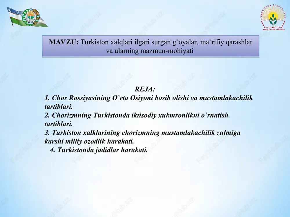 turkiston xalqlari ilgari surgan g`oyalar, ma`rifiy qarashlar va ularning mazmun-mohiyati — PPT