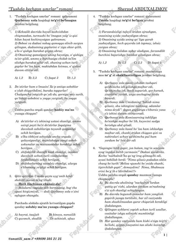 tushda kechgan umurlar. (milliy serfikat test — PDF