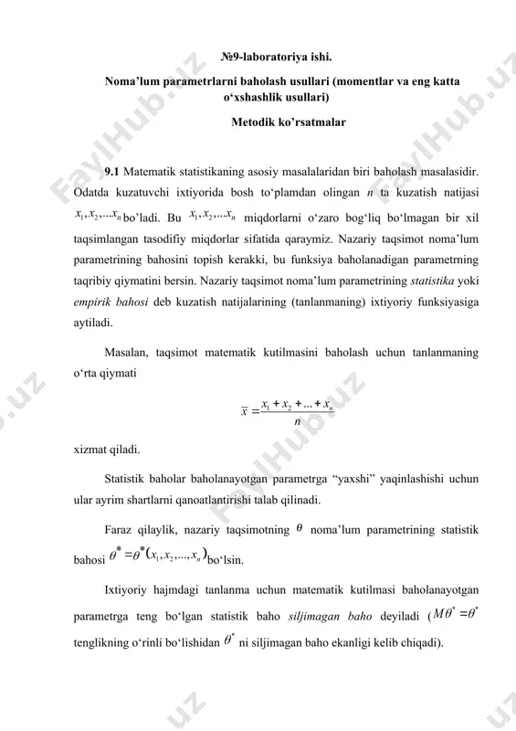 noma’lum parametrlarni baholash usullari momentlar va eng katta — DOCX