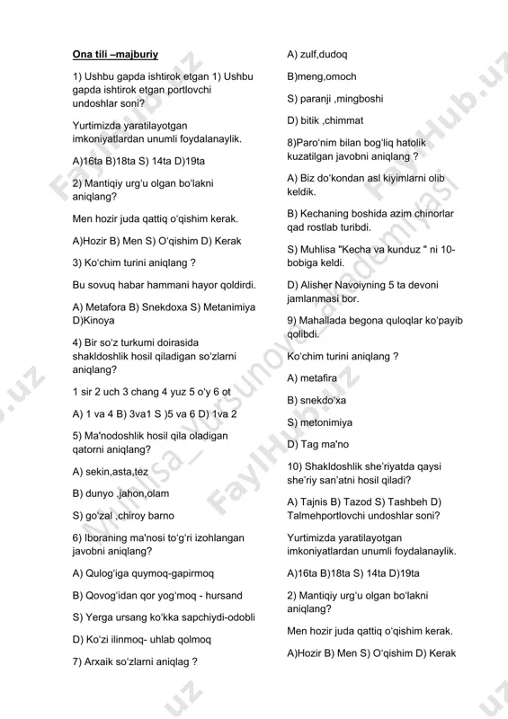 majburiy ona tili test — DOCX