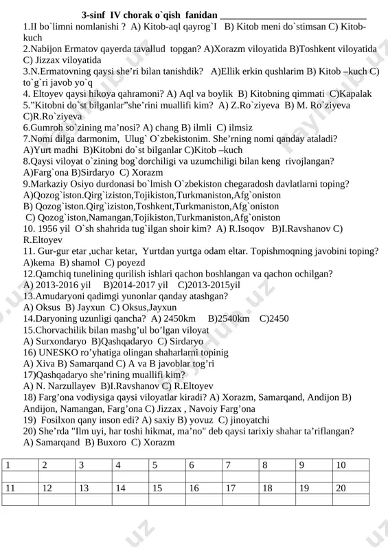 3-sinf ukish 20 test — DOCX