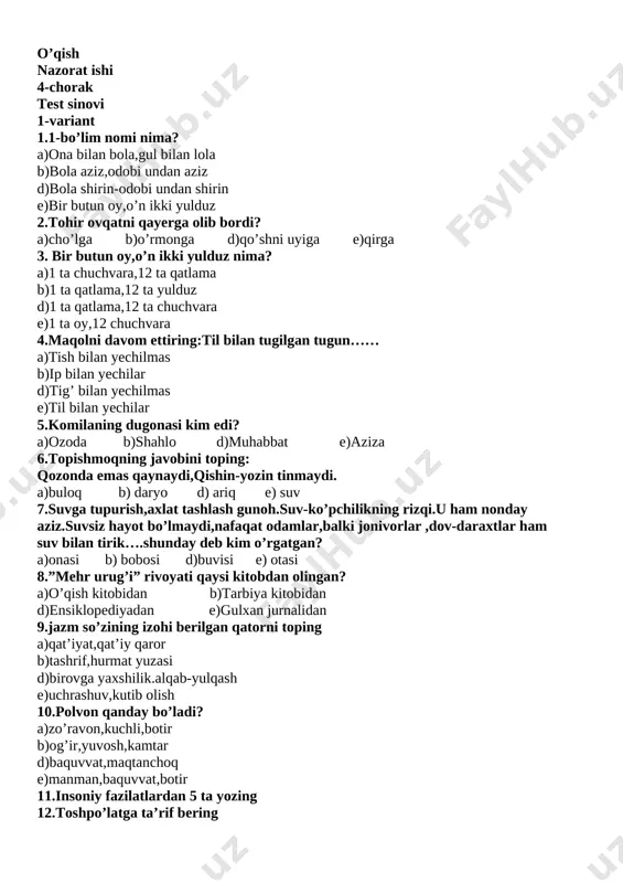 o'qish nazorat ishi 4-chorak — DOCX