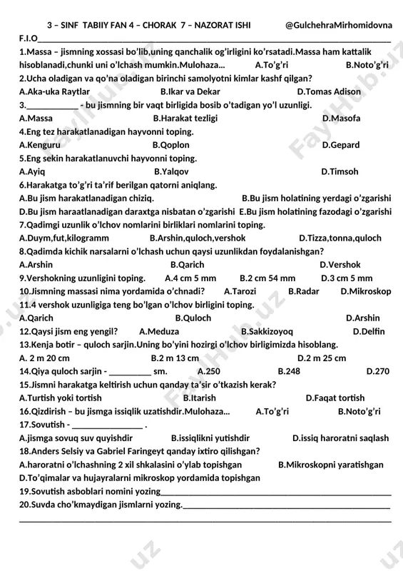 tabiiy fan 3-sinf 4-chorak 7-nazorat ishi — DOCX
