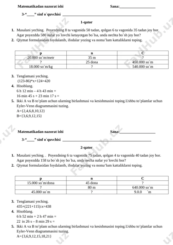 matematikadan nazorat ishi 3-sinf — DOCX