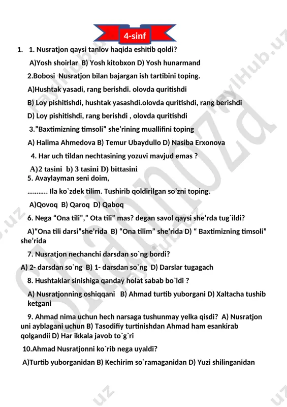 o`qish test shahnoza 4- sinf — DOCX