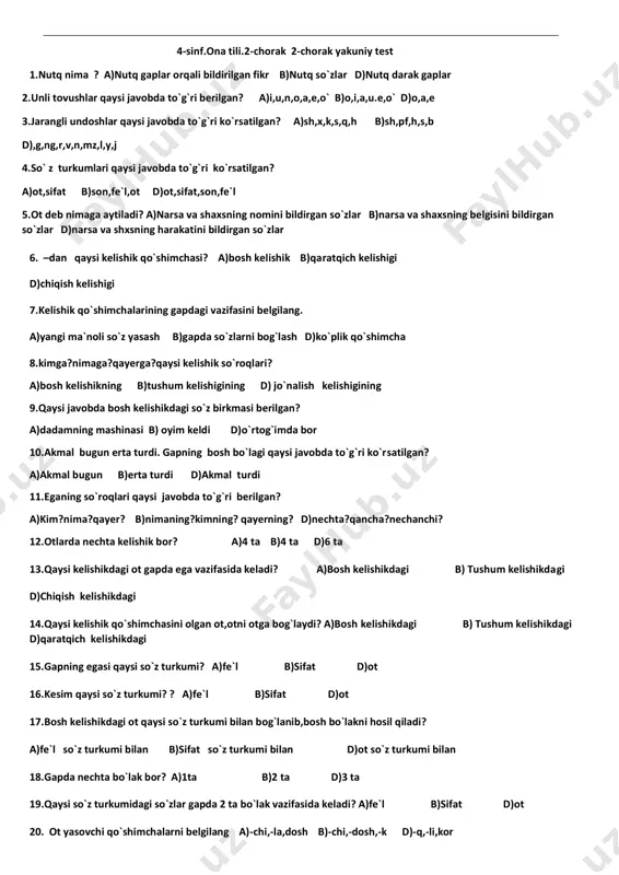 4-s.ona t.chorakli test.2-chorak.yakuniy test — PDF