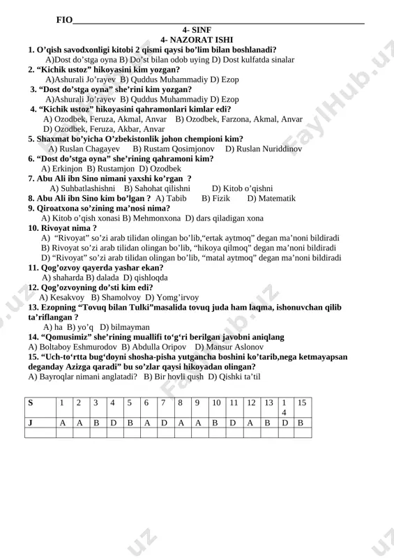 4- nazora ishi o'qish.2-chorak 15 talik test — DOCX