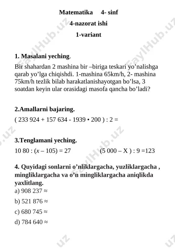 4- nazorat ishi matem 4- sinf — DOCX