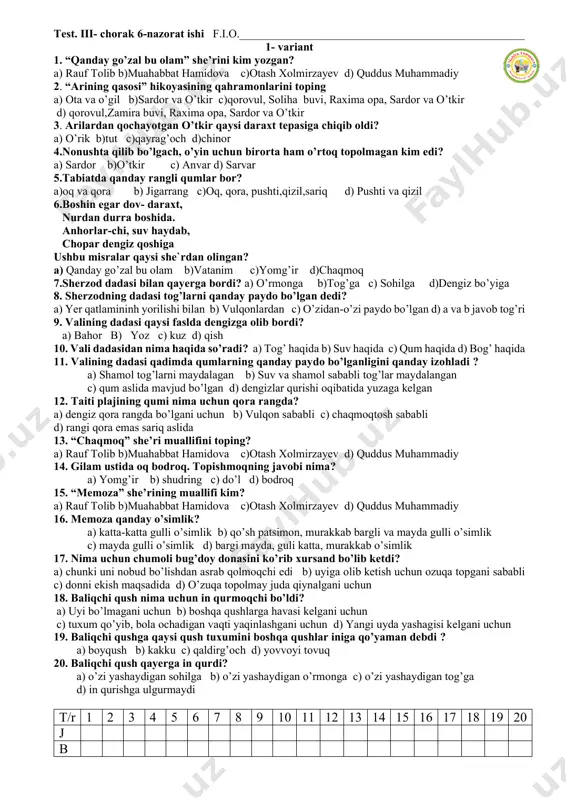 6- nazora ishi o'qish 4 sinf — PDF