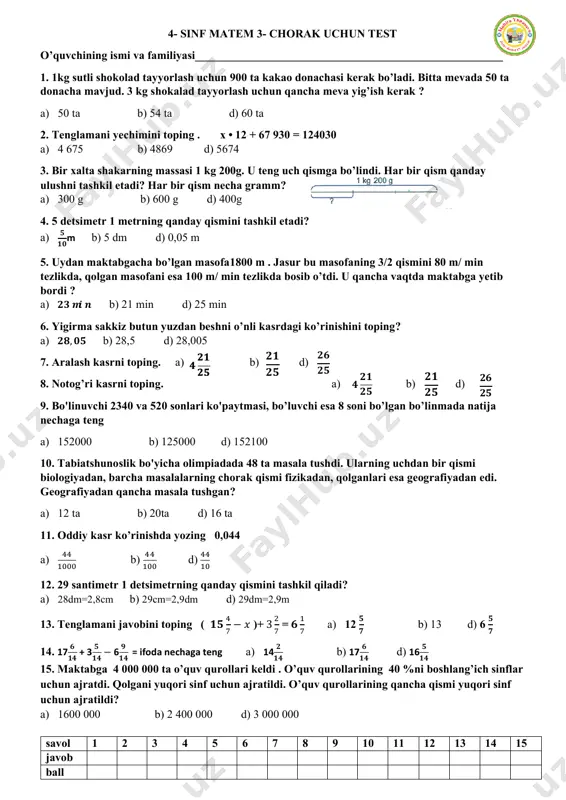 4- sinf 3 chorak matem test sinovi — PDF