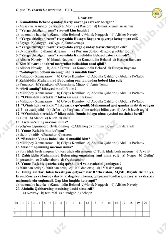 8- nazora ishi o'qish 4 sinf — PDF