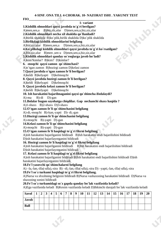 10- nazorat ishi ona tili 4- sinf — DOCX