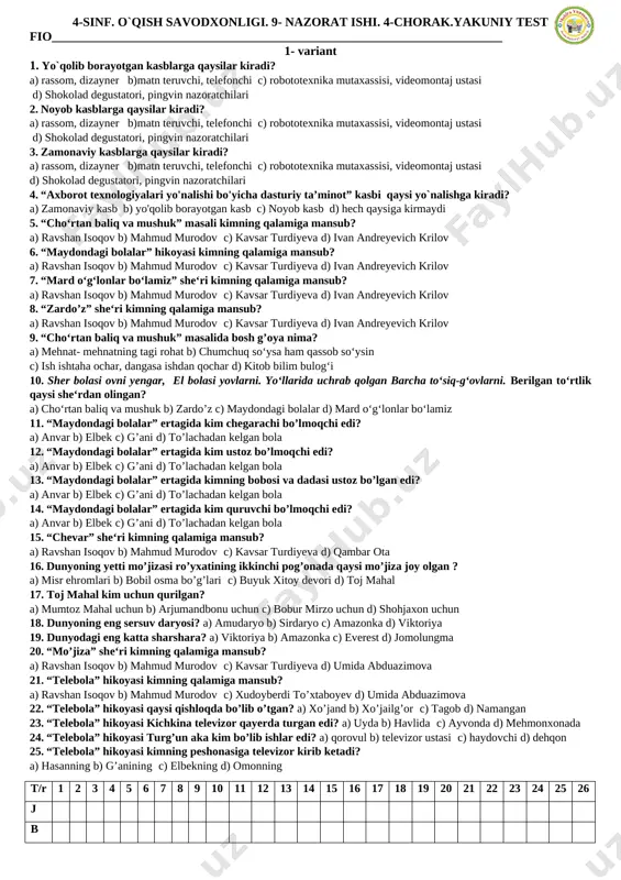 9- nazora ishi o'qish 4 sinf — DOCX