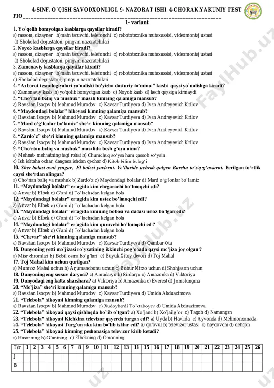 9- nazora ishi o'qish 4 sinf — PDF