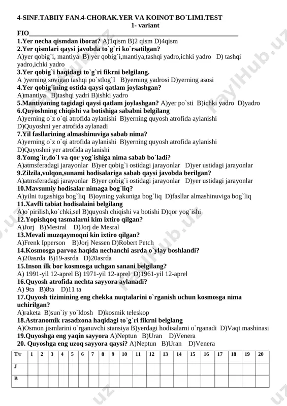 test tabiiy fan 4-sinf 4-chorak yakuni uchun — DOCX