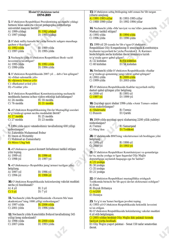 11-sinf o'zb.tarixi dtm-2019(javobi) — PDF