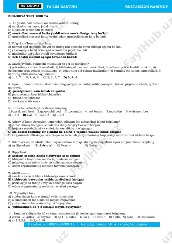 biologiya test 1000 ta javobli — PDF