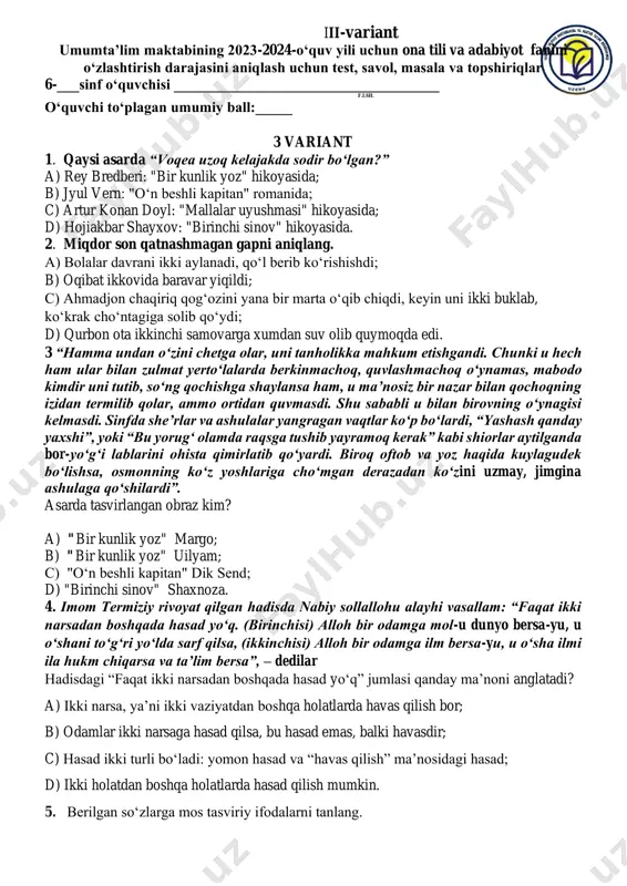 6 ona tili adabiyot 3 var — PDF