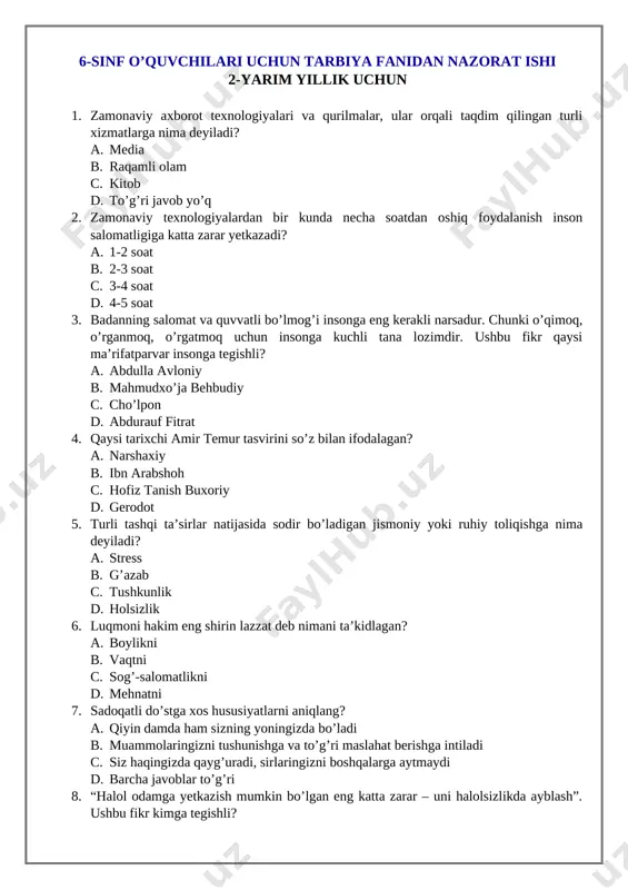6-sinf tarbiya 2-yarim yillik nazorat ishi — DOCX