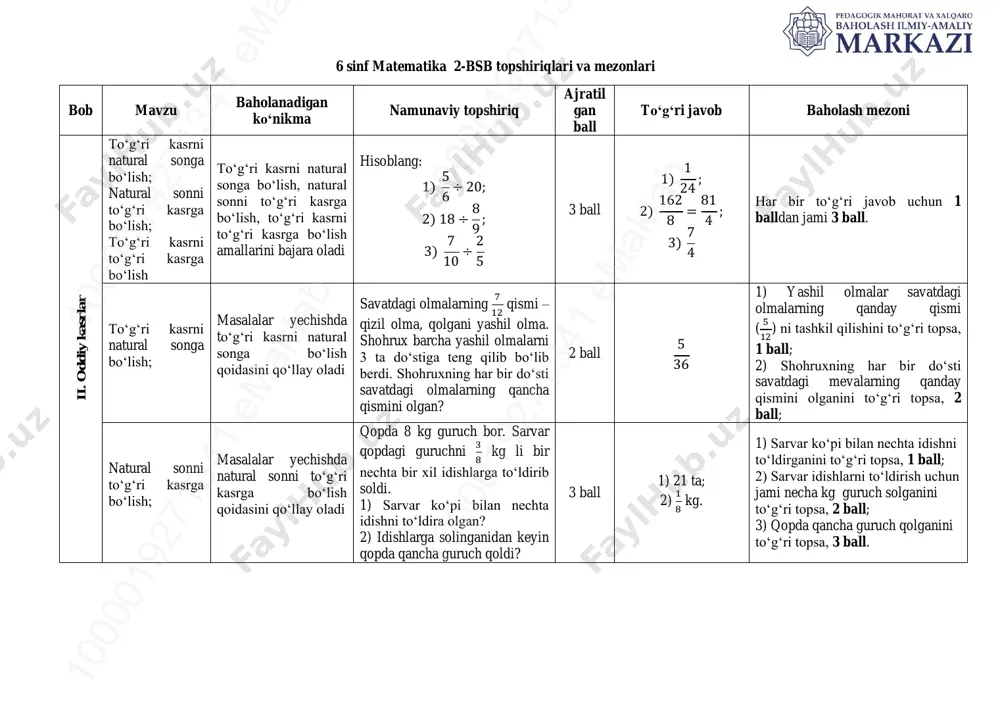6-sinf matematika 2-bsb @summativ_formativ_baholash — PDF