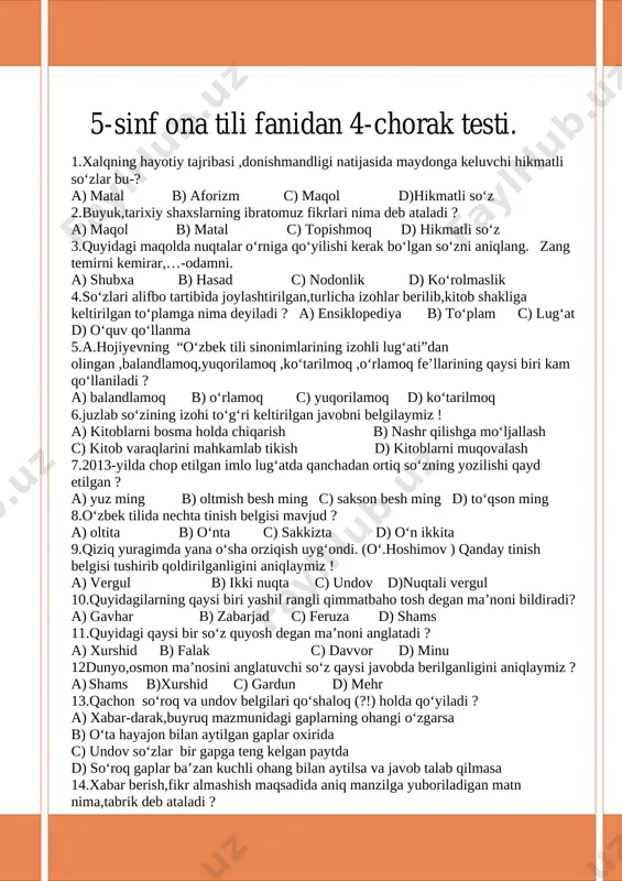 yangi test 5-sinf ona tili 4-chorak — DOCX