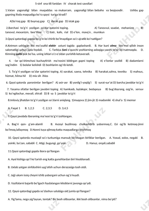 5-sinf ona tili va adbiyoti test 2024-yilgi darslik asosida — DOCX