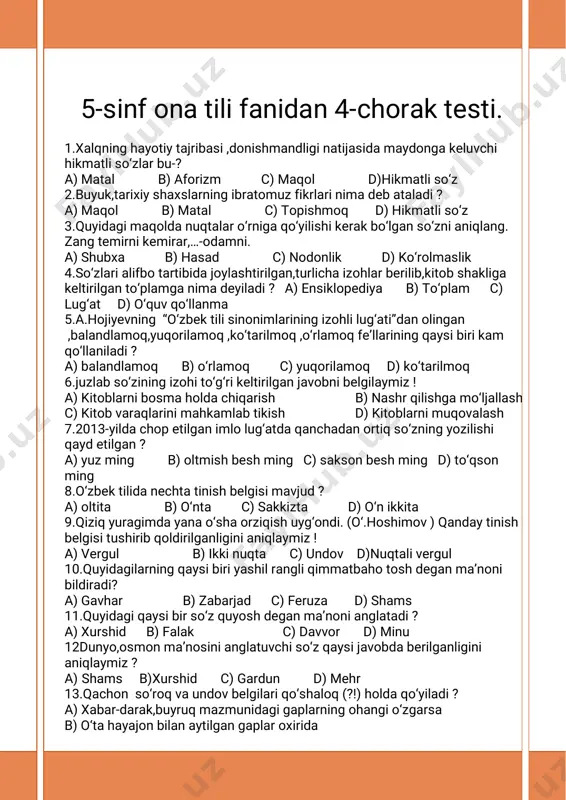 yangi test 5-sinf ona tili 4-chorak — PDF