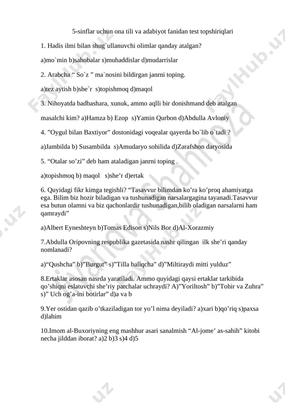 5-sinf. ona tili va adabiyot test — DOCX