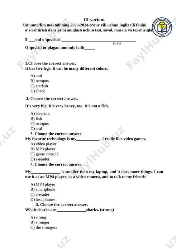 ingliz tili 5 variant 3 — DOCX