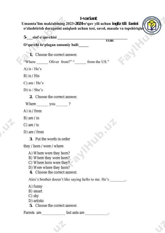 ingliz tili 5 variant 1 — PDF