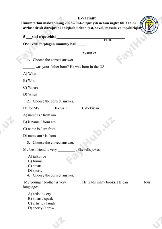 5 ingliz tili 2 variant — PDF