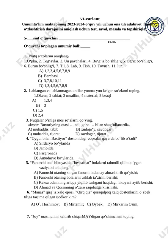 5 ona tili 4 variant — DOCX