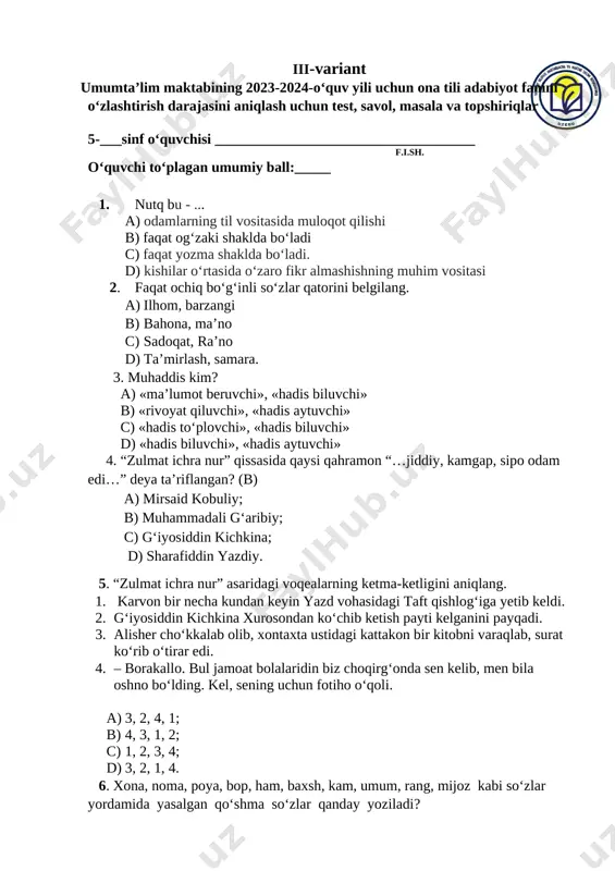 5 ona tili 3 variant — DOCX