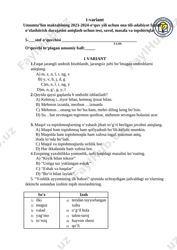 5 ona tili 2 variant (2) — DOCX