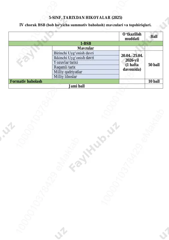 5-sinf tarix 4-bsb @summativ_formativ_baholash — PDF