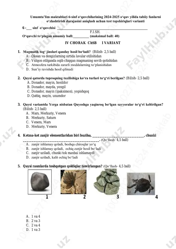 6-sinf tabiiy fan 4-chsb 1-var. @summativ_formativ_baholash — PDF