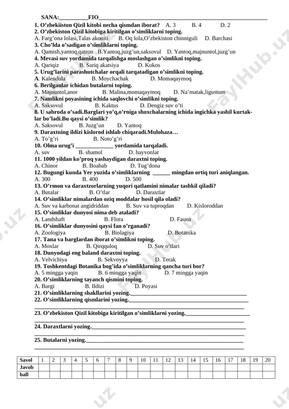 tabiiy fan nazorat ishi — DOCX