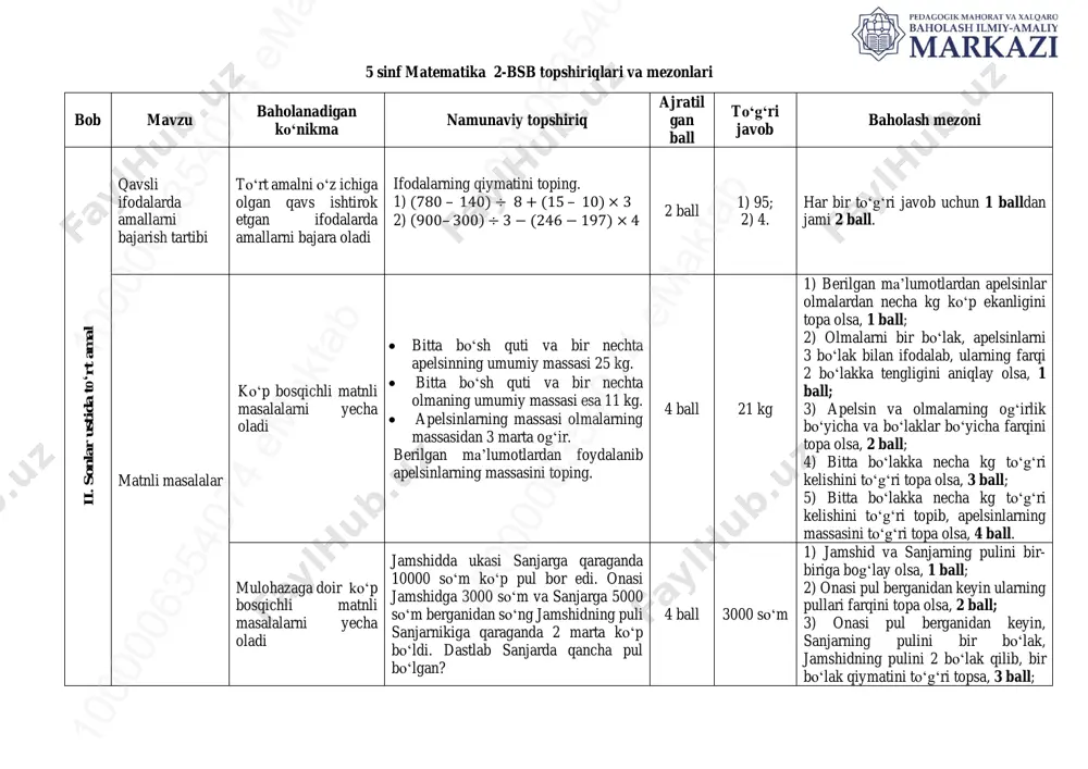 5-sinf matematika 2-bsb @summativ_formativ_baholash — PDF