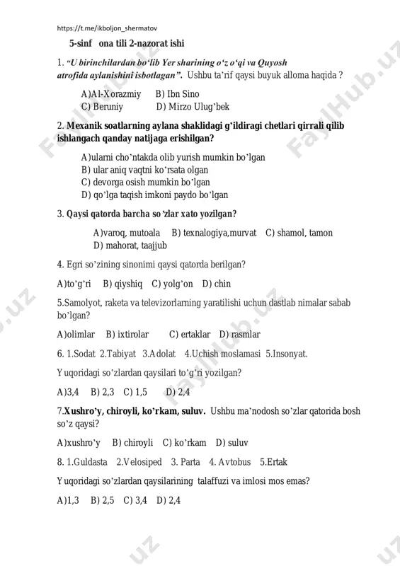 5-sinf ona tili 2-nazorat ishi — PDF