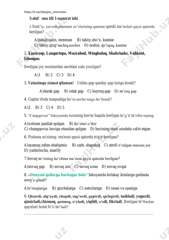 5-sinf ona tili 1-nazorat ishi — PDF