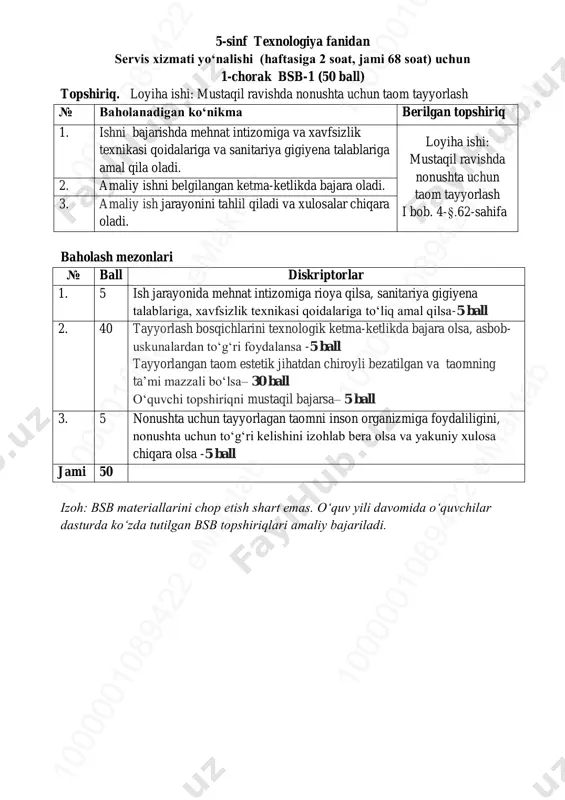 5-sinf texnologiya servis1-bsb @summativ_formativ_baholash — PDF