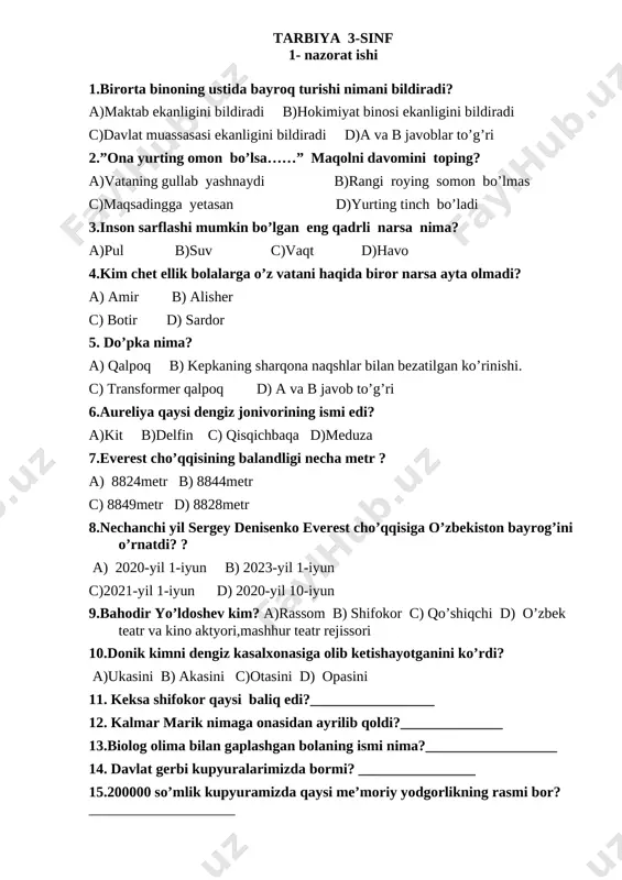3 -sinf tarbiya 1- nazorat ishi — DOCX