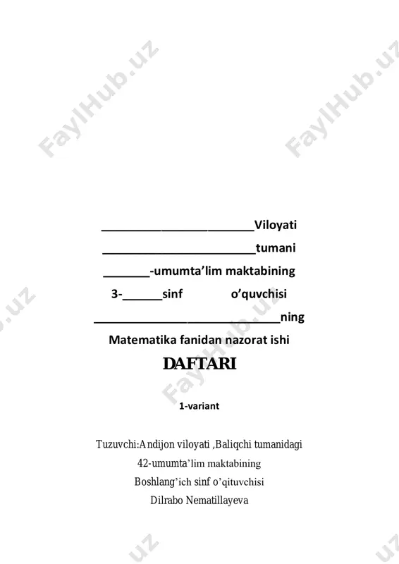 3-sinf matematika nazorat ishi 1-variant — PDF